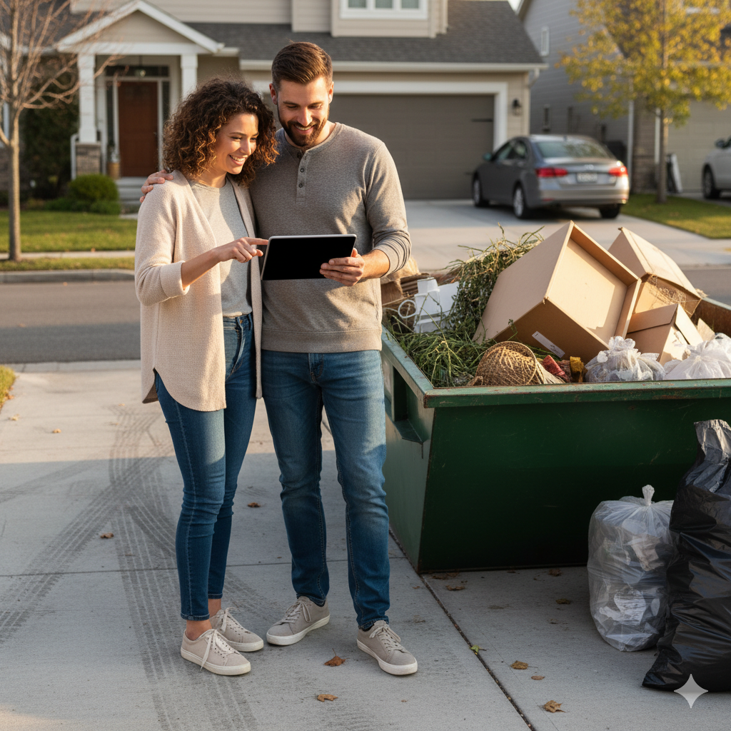 Couple planning skip hire on a tablet
