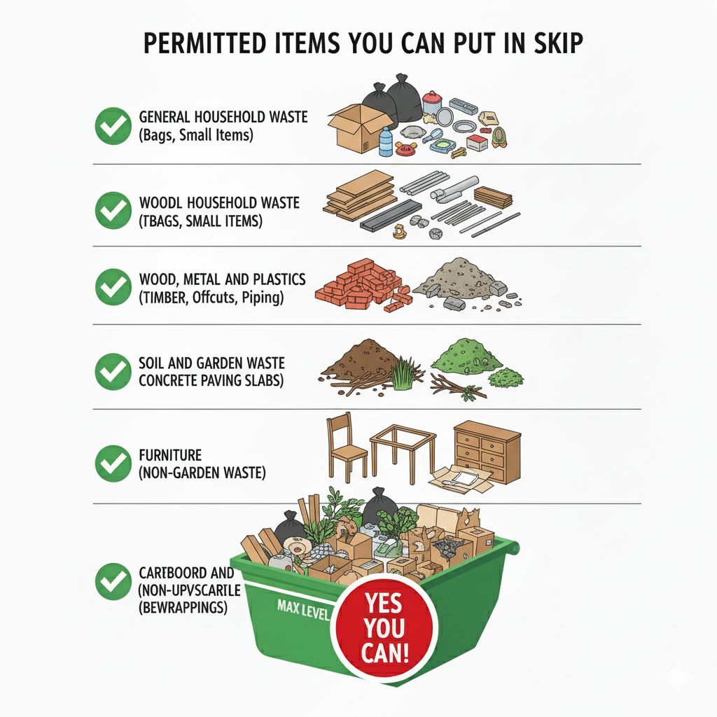 Allowed items in a skip: wood, bricks, garden waste, cardboard