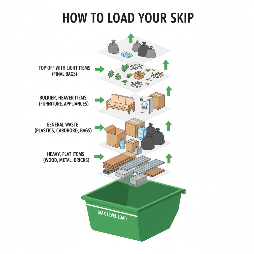 Exploded diagram showing how to load a skip efficiently in layers