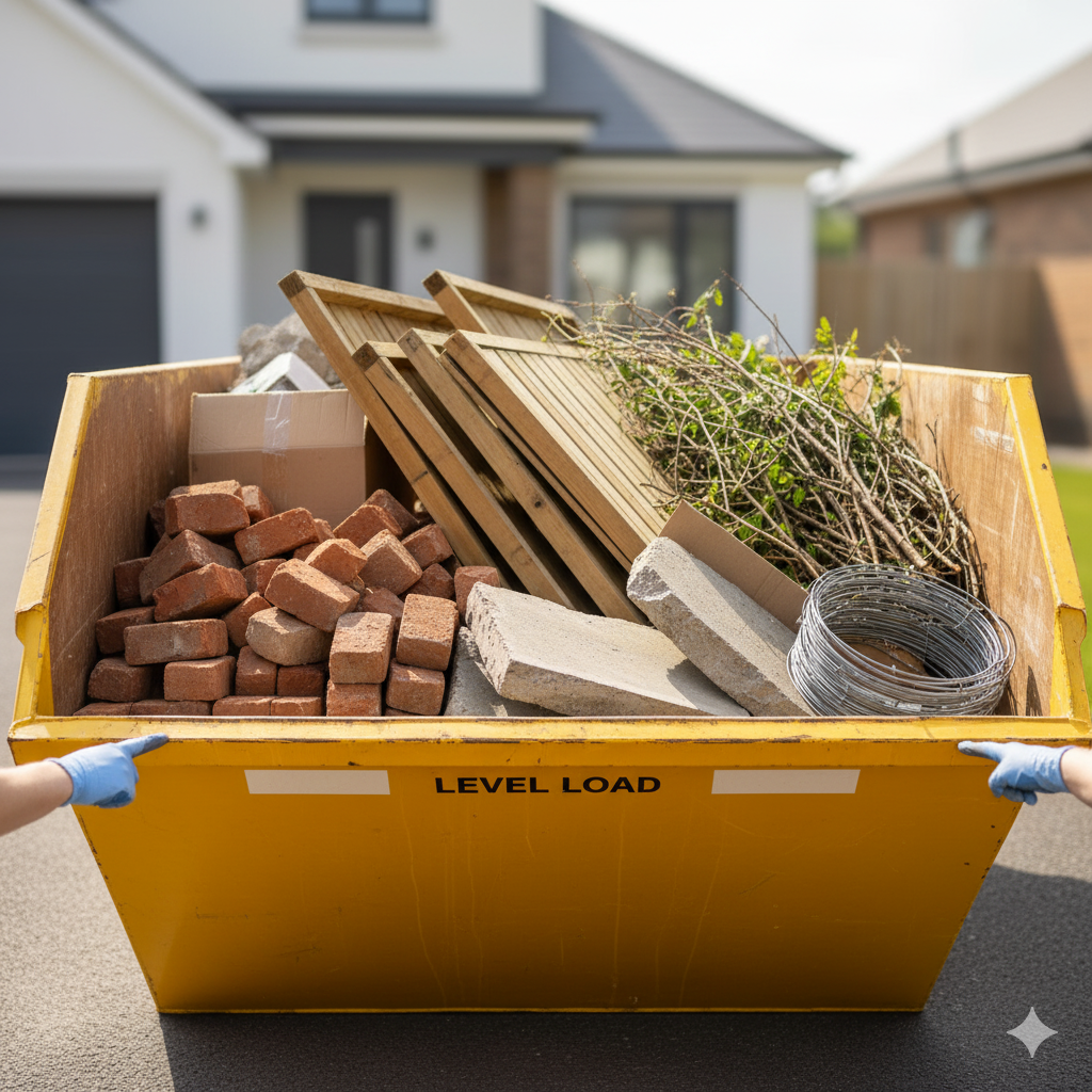 An overfilled skip with a red X, showing what not to do