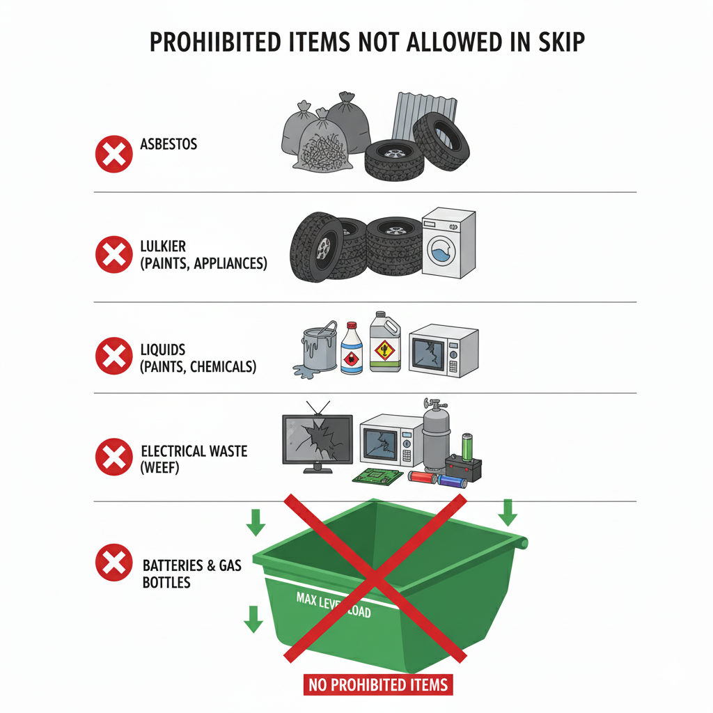 Prohibited items for a skip: fridge, tv, tyres, paint, gas cylinder